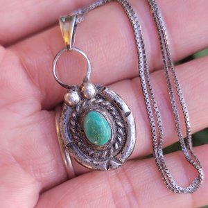 Native American vintage handmade green turquoise box chain necklace